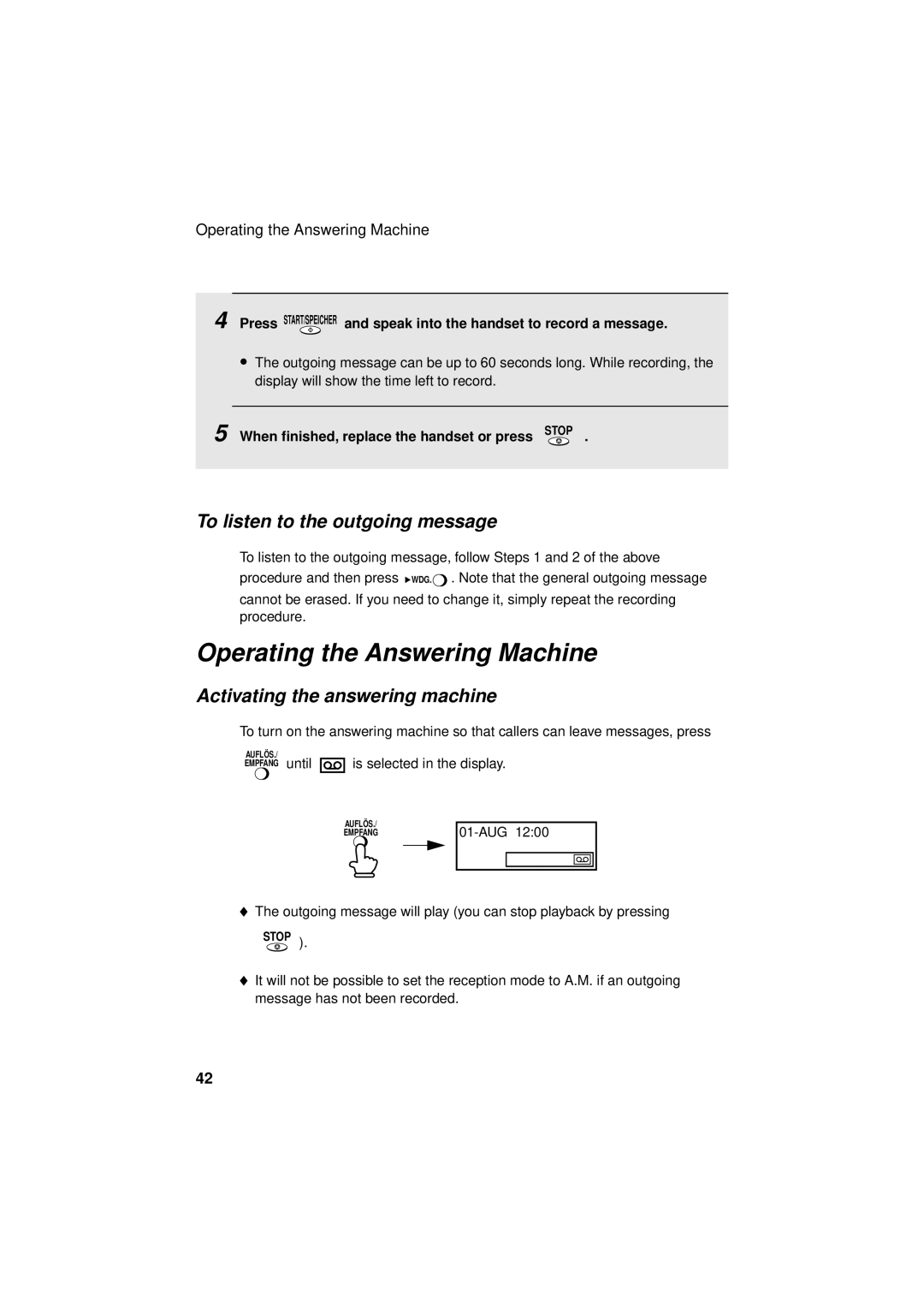 Sharp UX-S10 manual Operating the Answering Machine, To listen to the outgoing message, Activating the answering machine 