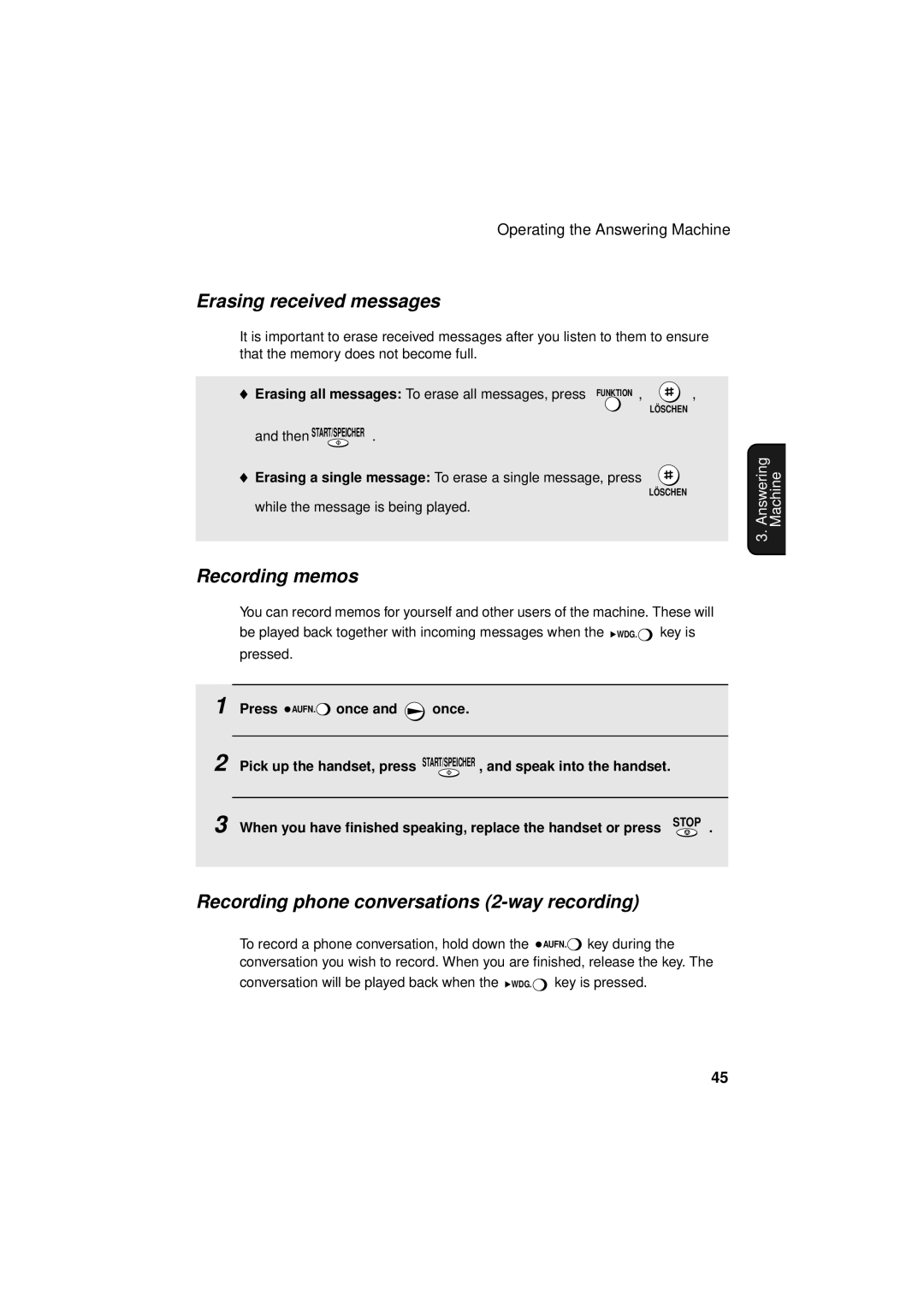 Sharp UX-S10 manual Erasing received messages, Recording memos, Recording phone conversations 2-way recording 