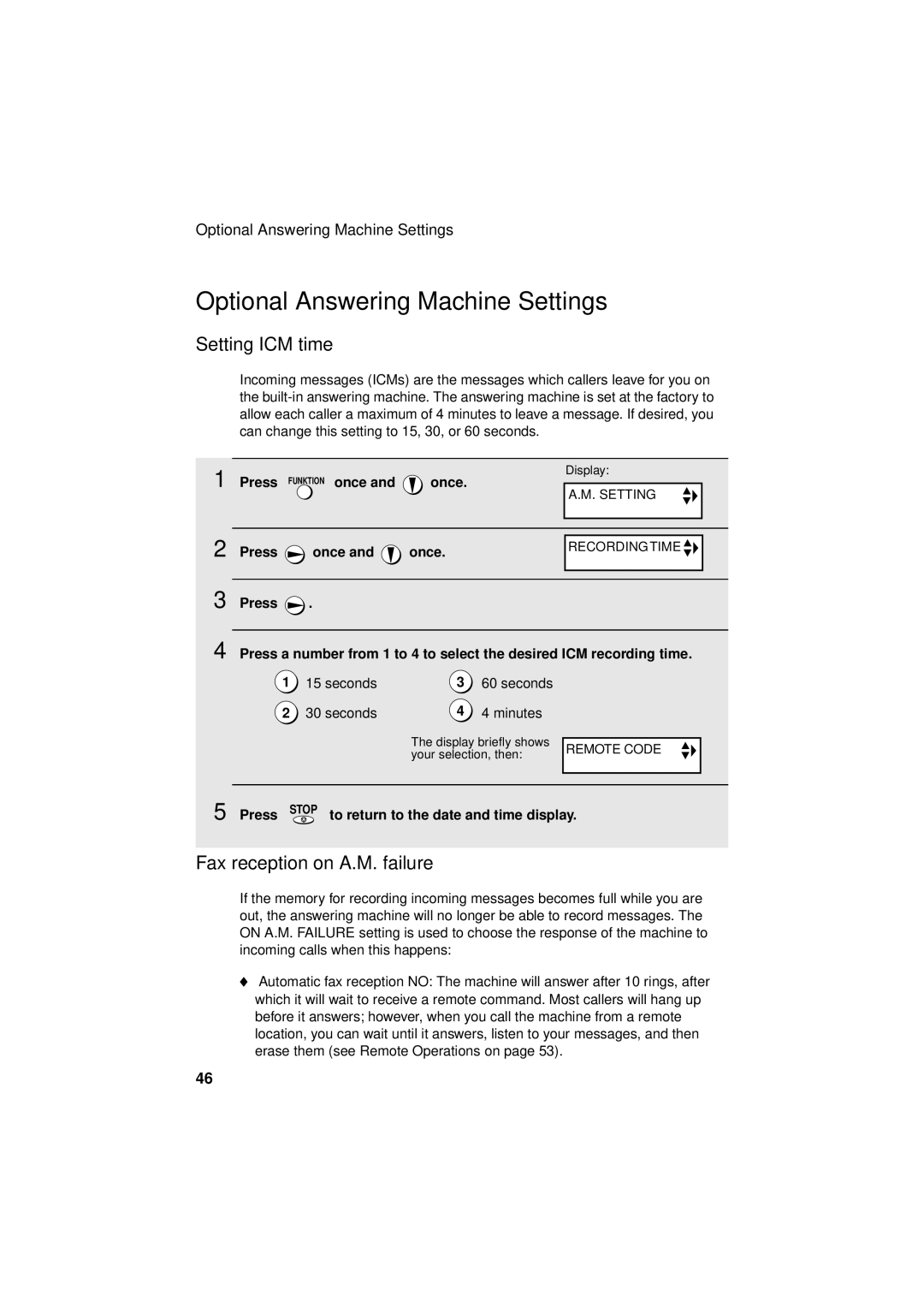 Sharp UX-S10 manual Optional Answering Machine Settings, Setting ICM time, Fax reception on A.M. failure, Seconds, Minutes 