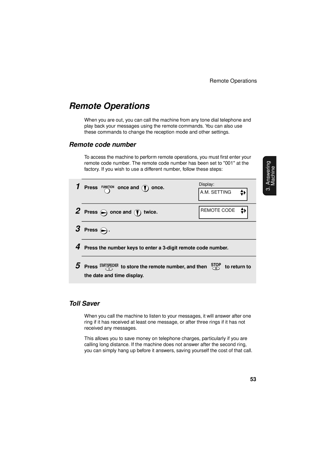 Sharp UX-S10 manual Remote Operations, Remote code number, Toll Saver, Date and time display 