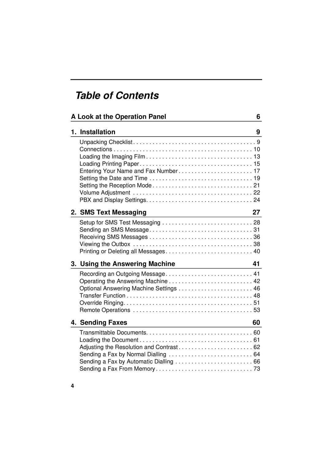 Sharp UX-S10 manual Table of Contents 