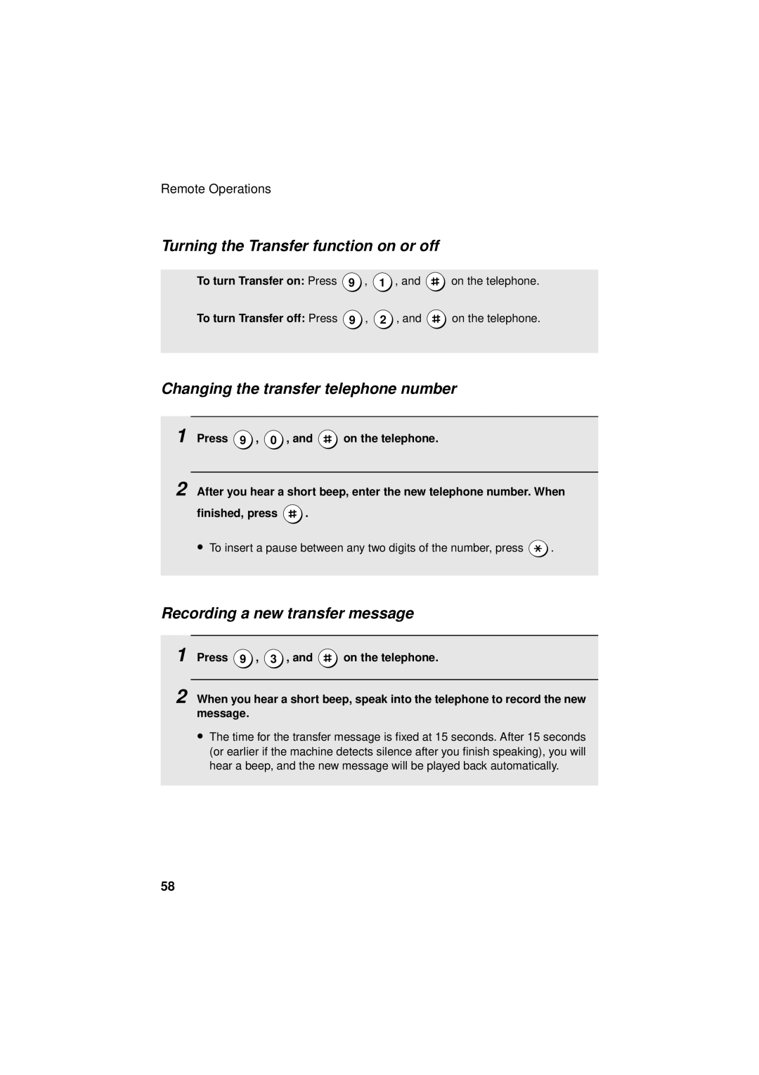 Sharp UX-S10 Turning the Transfer function on or off, Changing the transfer telephone number, To turn Transfer on Press 