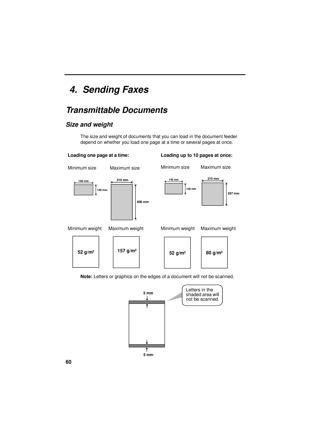 Sharp UX-S10 manual Sending Faxes, Transmittable Documents, Size and weight, 52 g/m² 157 g/m² 80 g/m² 