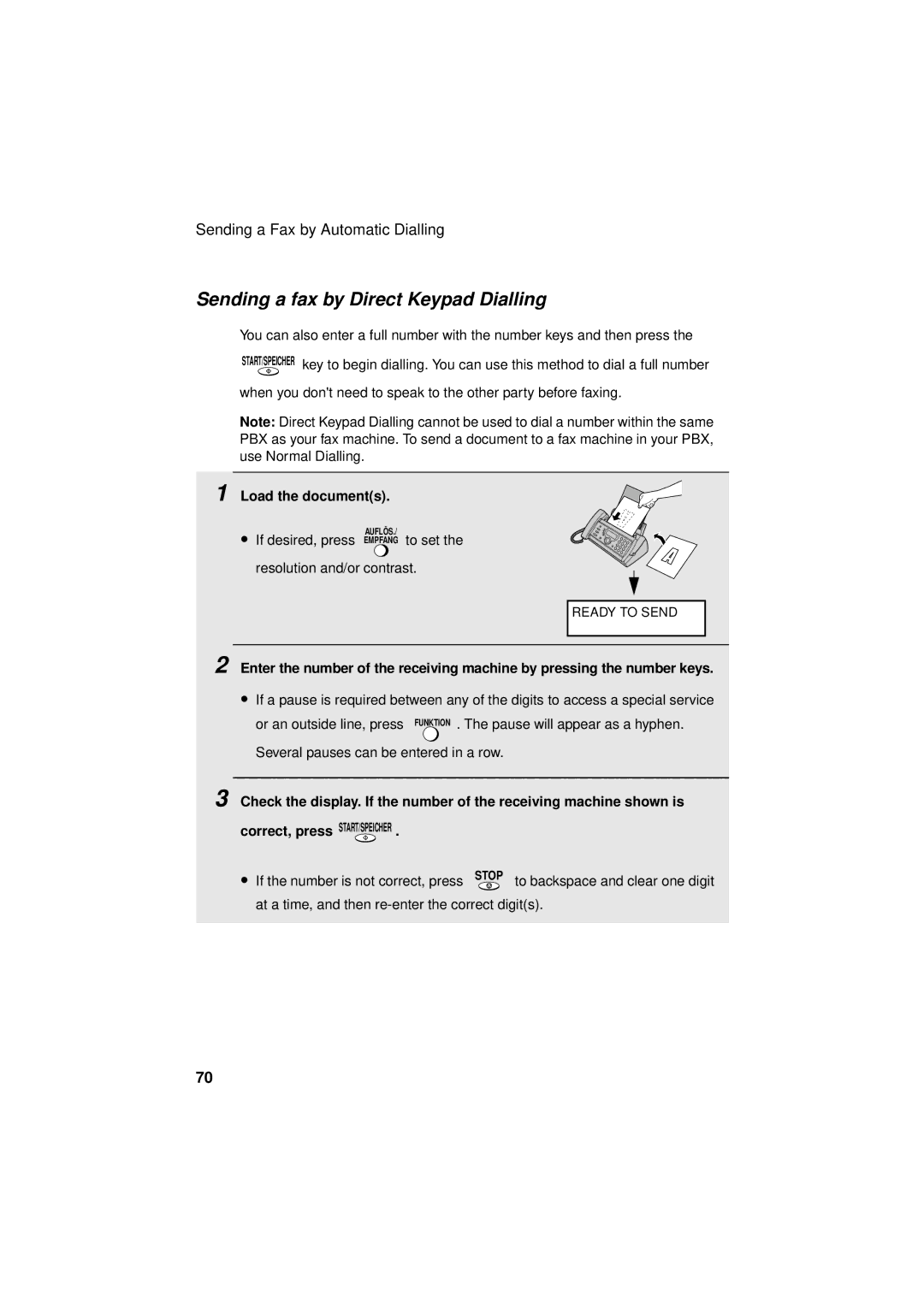 Sharp UX-S10 manual Sending a fax by Direct Keypad Dialling, Load the documents 