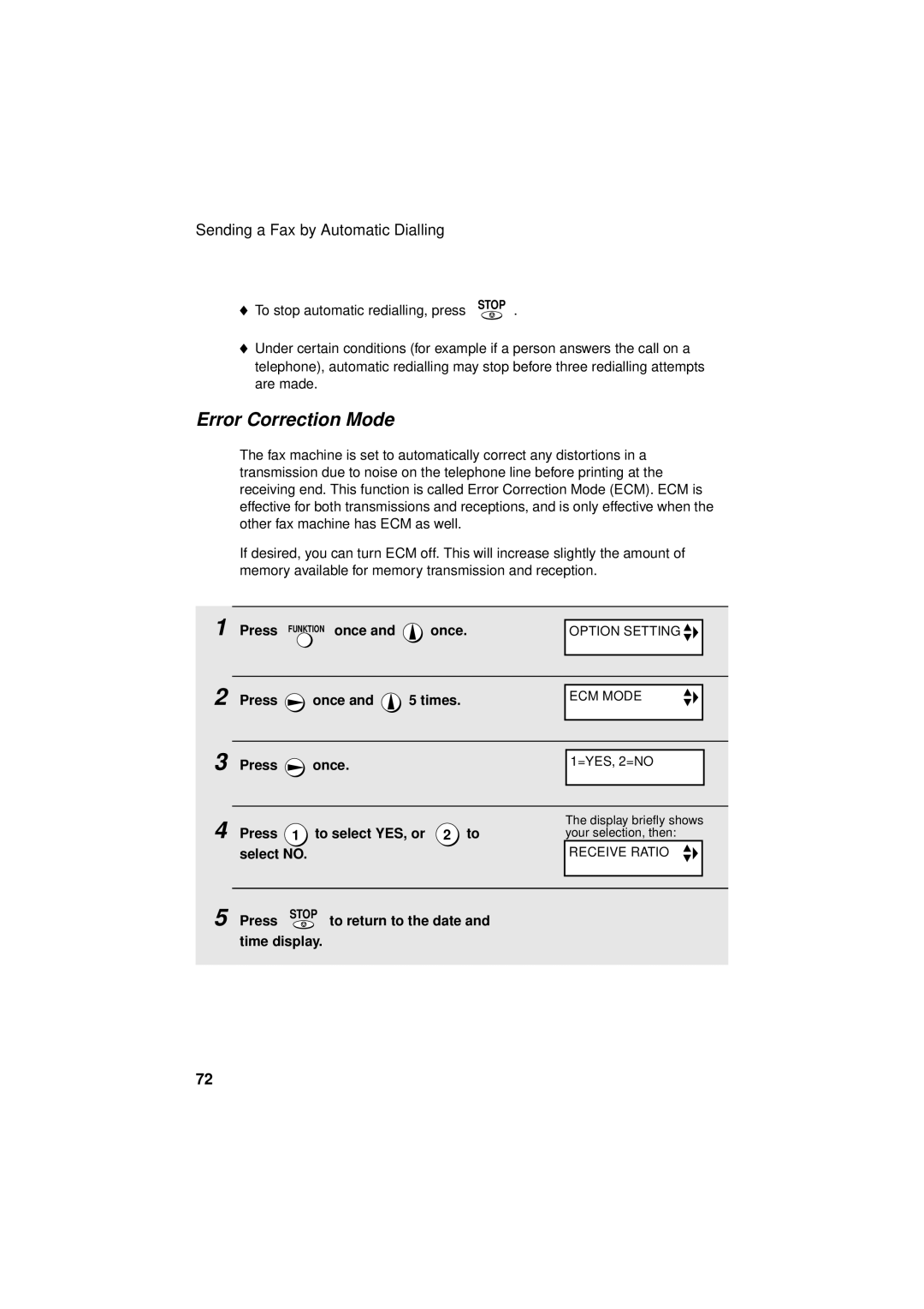 Sharp UX-S10 manual Error Correction Mode, Press once and 5 times, Press 1 to select YES, or 2 to select no 