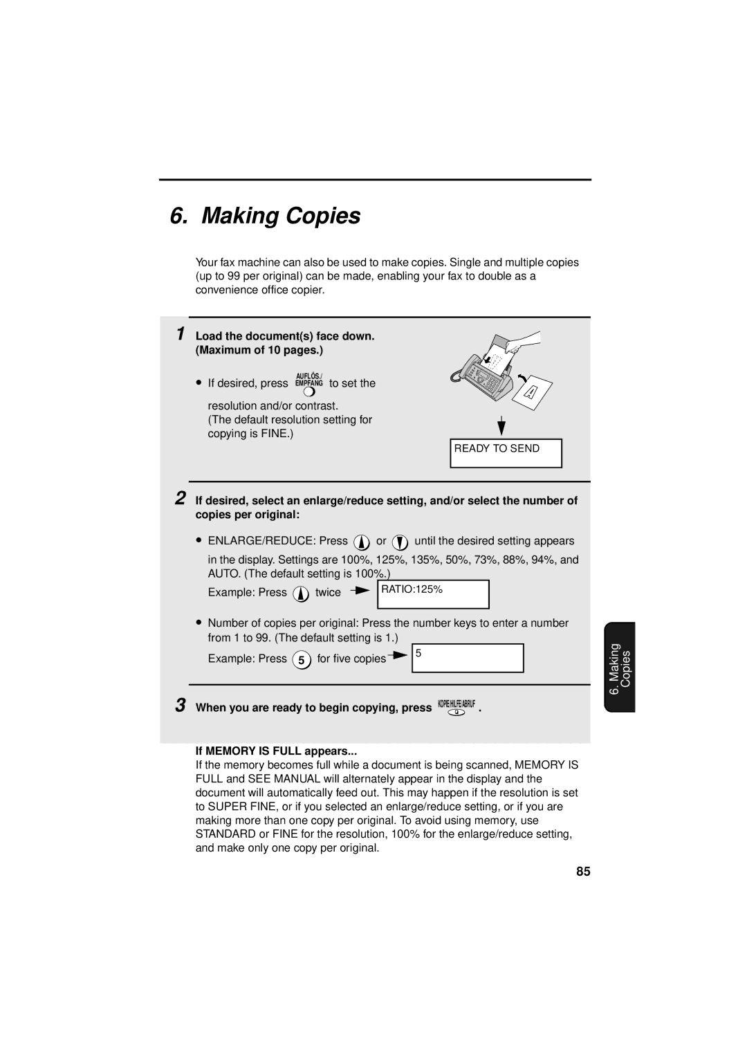 Sharp UX-S10 manual Making Copies, Load the documents face down. Maximum of 10 pages 