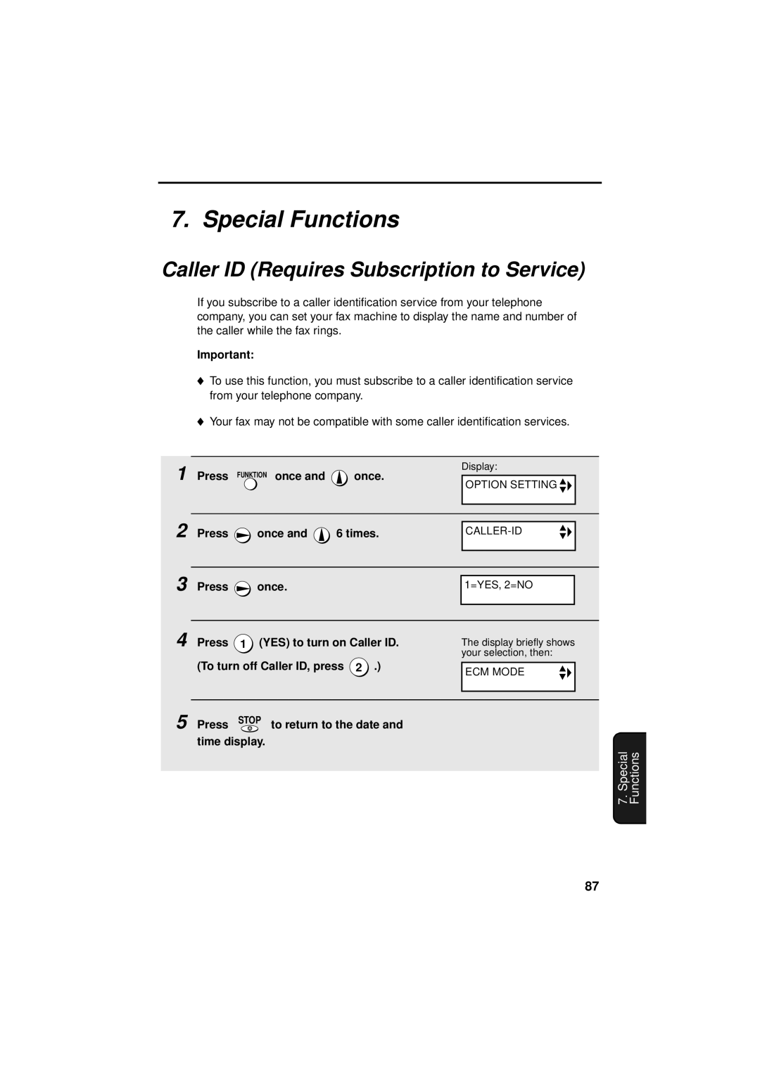 Sharp UX-S10 manual Special Functions, Caller ID Requires Subscription to Service, Press once and 6 times 