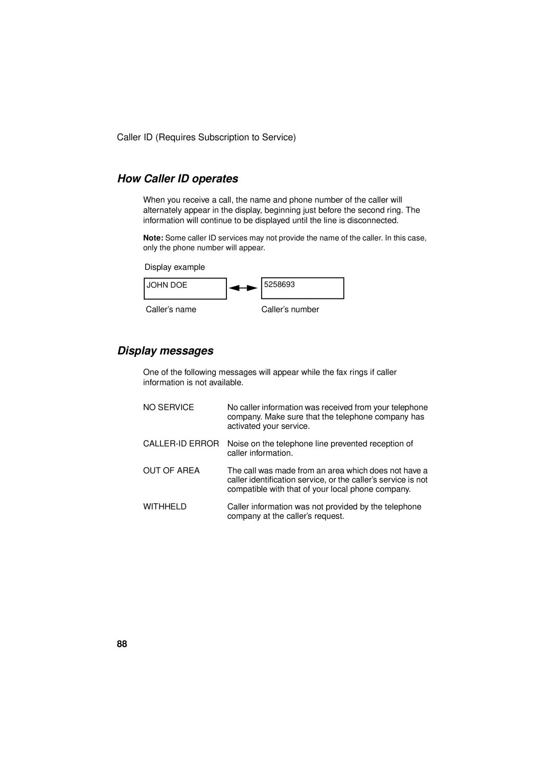 Sharp UX-S10 manual How Caller ID operates, Display messages 