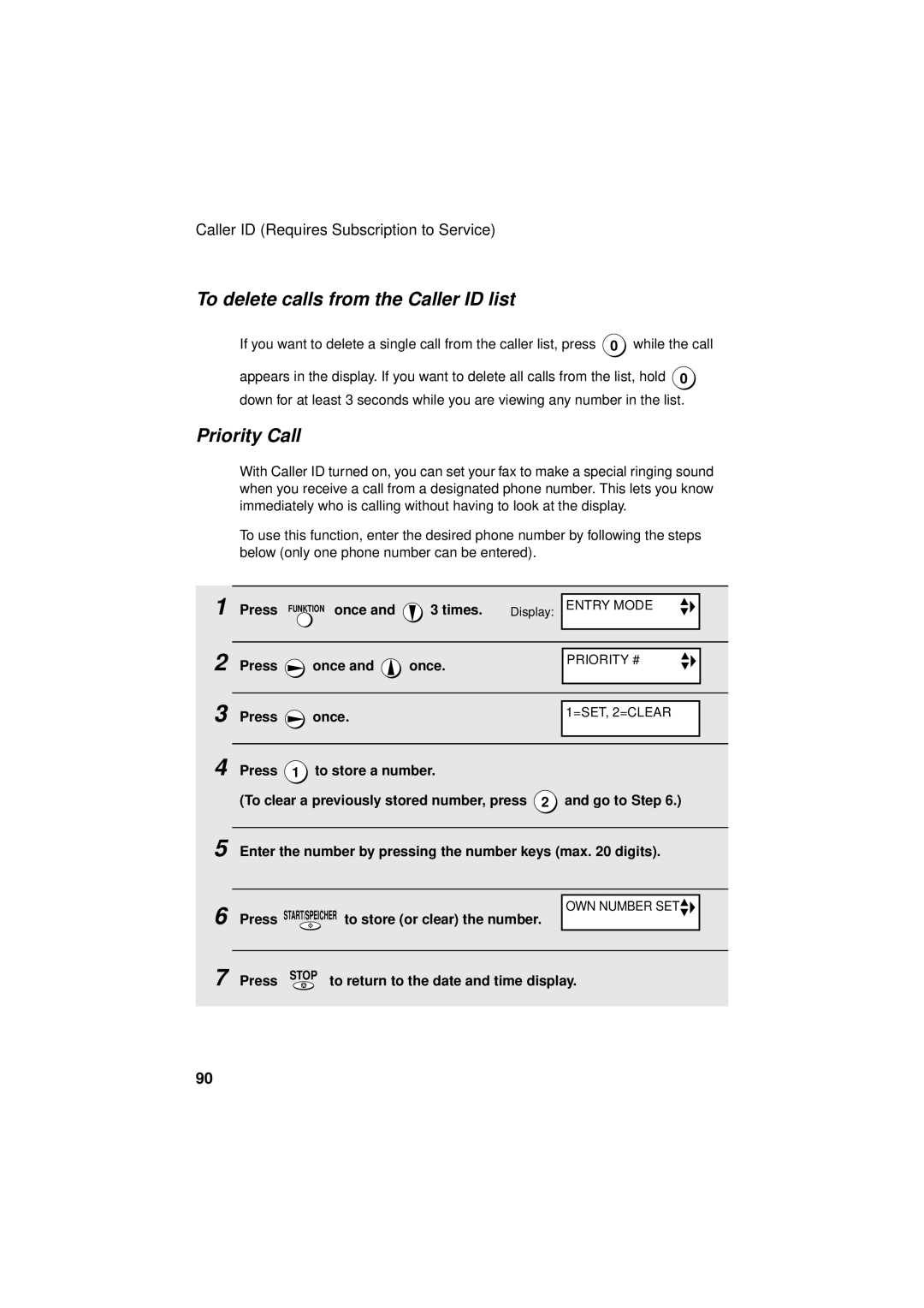 Sharp UX-S10 manual To delete calls from the Caller ID list, Priority Call, Press Funktion once Times 