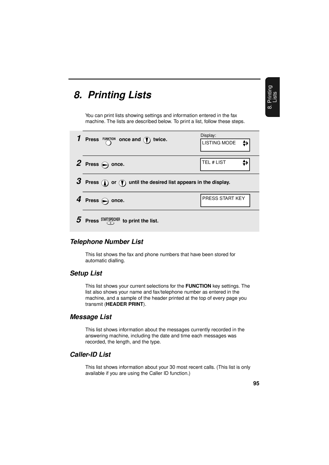 Sharp UX-S10 manual Printing Lists, Telephone Number List, Setup List, Message List, Caller-ID List 