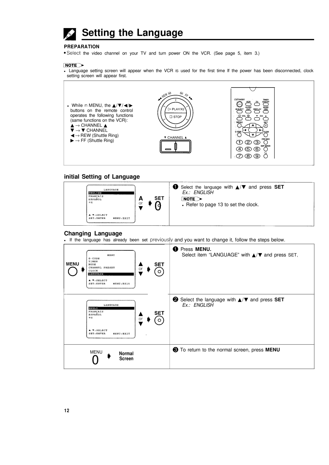 Sharp VC-H680X operation manual Setting the Language, Preparation, Or * 0, Menu Normal 0 I Screen 