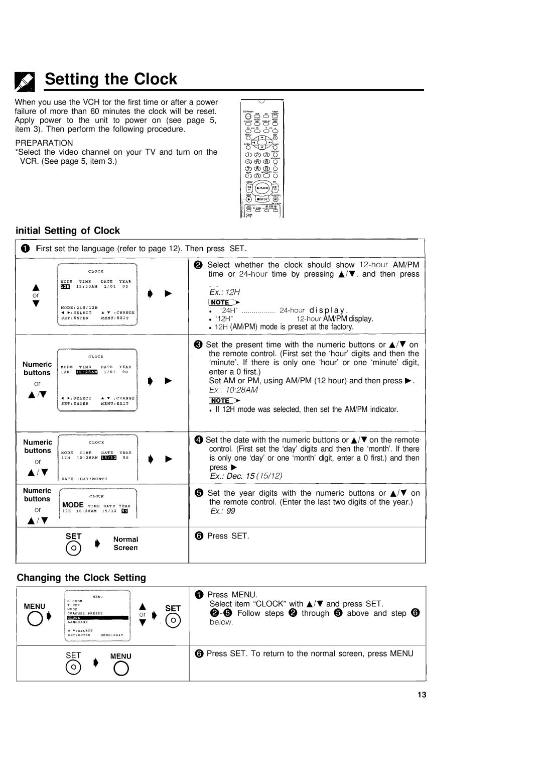 Sharp VC-H680X operation manual Setting the Clock, Initial Setting of Clock 