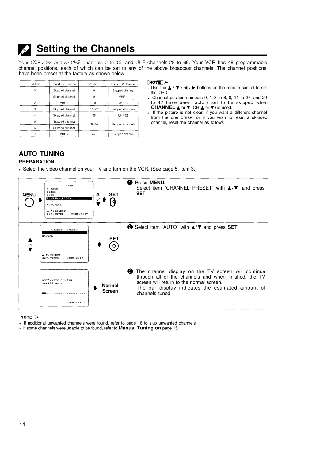 Sharp VC-H680X operation manual Setting the Channels, Or* 0, Press Menu, Normal, ~...~~..--.~---..-.--. I Screen 