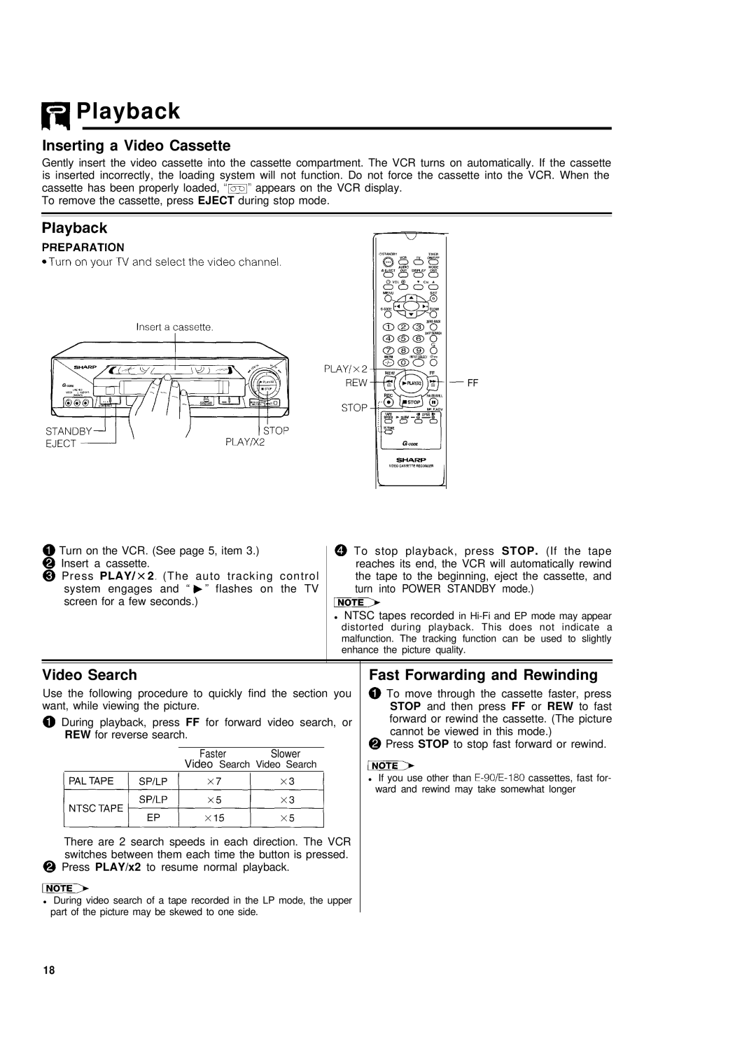 Sharp VC-H680X operation manual F1- Playback, Inserting a Video Cassette, Video Search, Fast Forwarding and Rewinding 