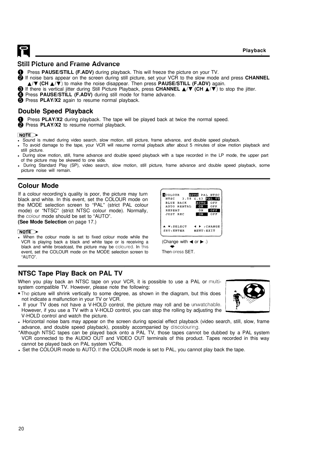 Sharp VC-H680X Double Speed Playback, Colour Mode, Ntsc Tape Play Back on PAL TV, Playback r, See Mode Selection on 