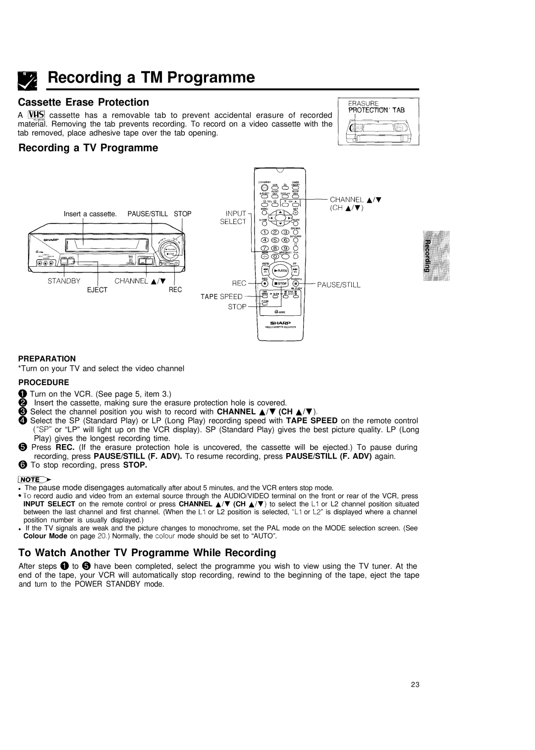 Sharp VC-H680X operation manual Recording a TM Programme, Cassette Erase Protection, Recording a TV Programme, Procedure 