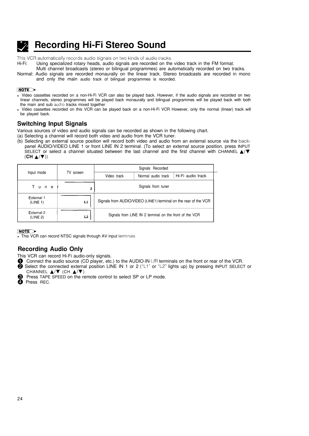 Sharp VC-H680X operation manual Recording Hi-R Stereo Sound, Switching Input Signals, Recording Audio Only 