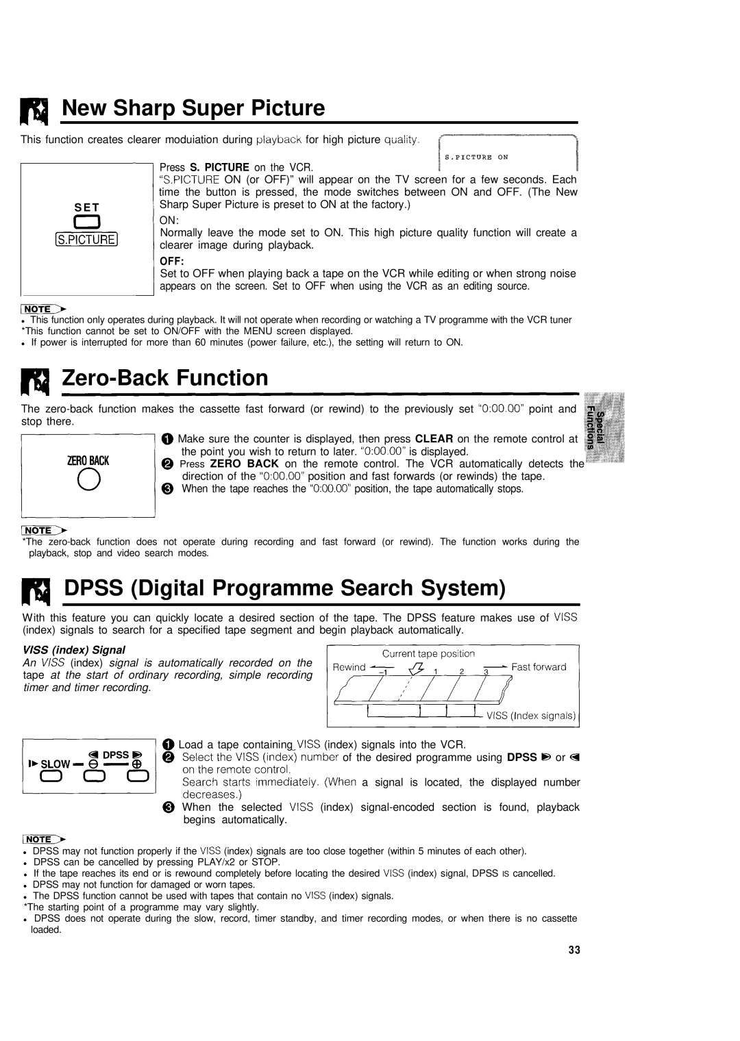 Sharp VC-H680X operation manual New Sharp Super Picture, Zero-Back Function, Dpss Digital Programme Search System, Off 