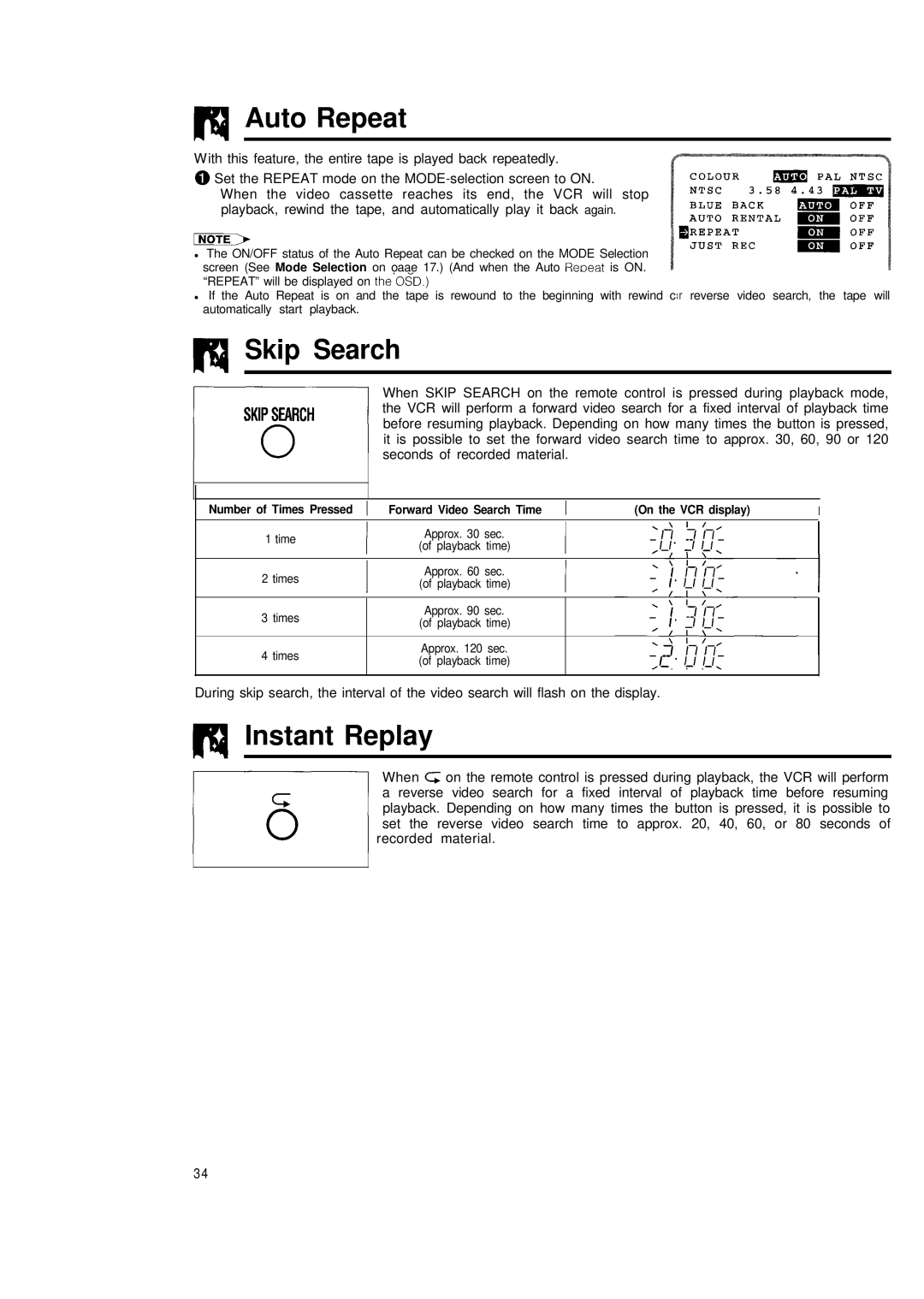 Sharp VC-H680X operation manual Auto Repeat, Skip Search, Ni Instant Replay 