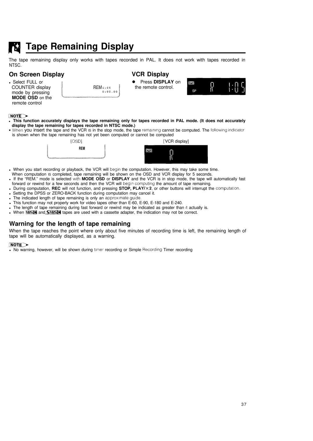 Sharp VC-H680X operation manual Tape Remaining Display, On Screen Display, Mode OSD on the remote control 