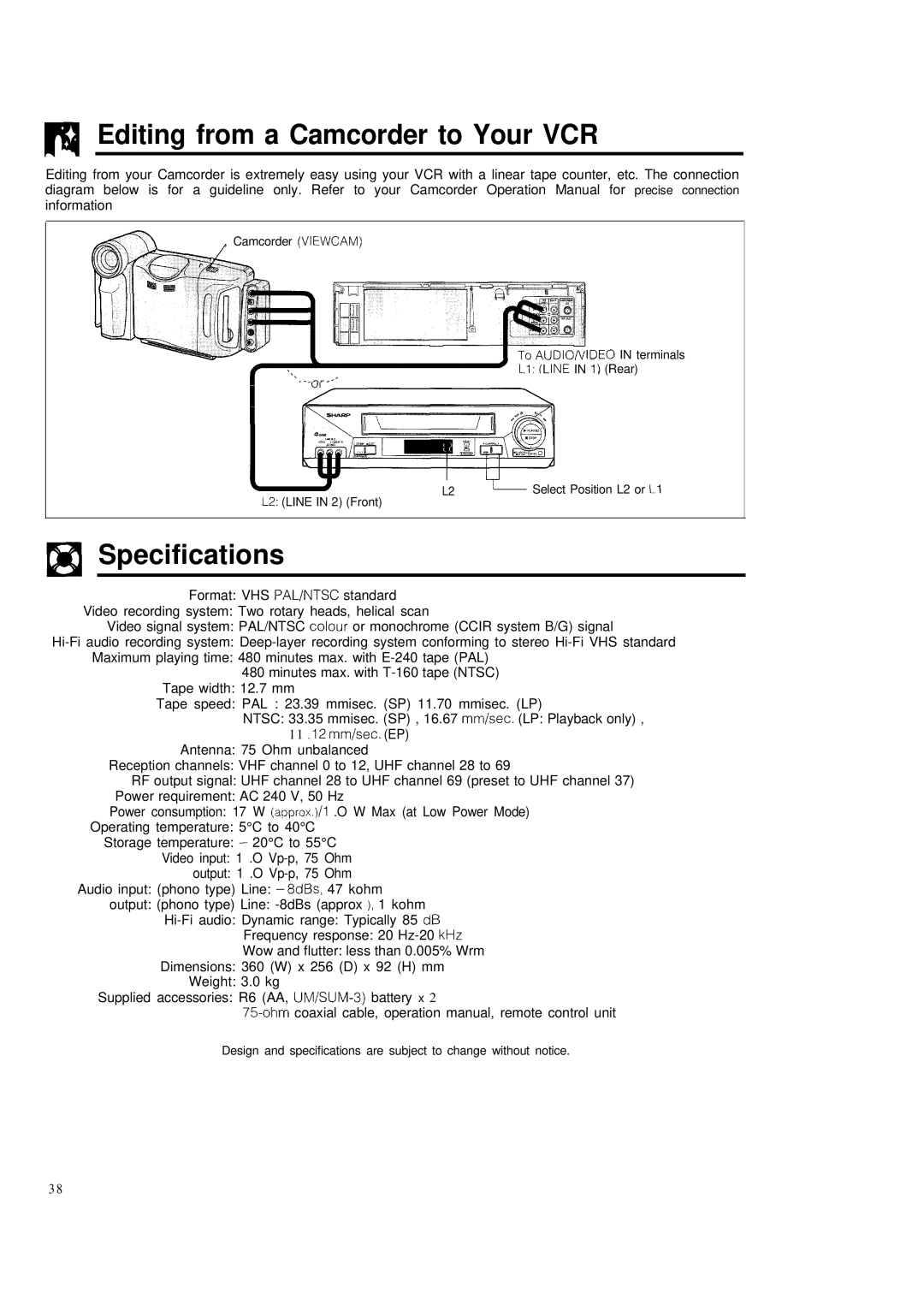 Sharp VC-H680X operation manual Fl Editing from a Camcorder to Your VCR, El Specifications 