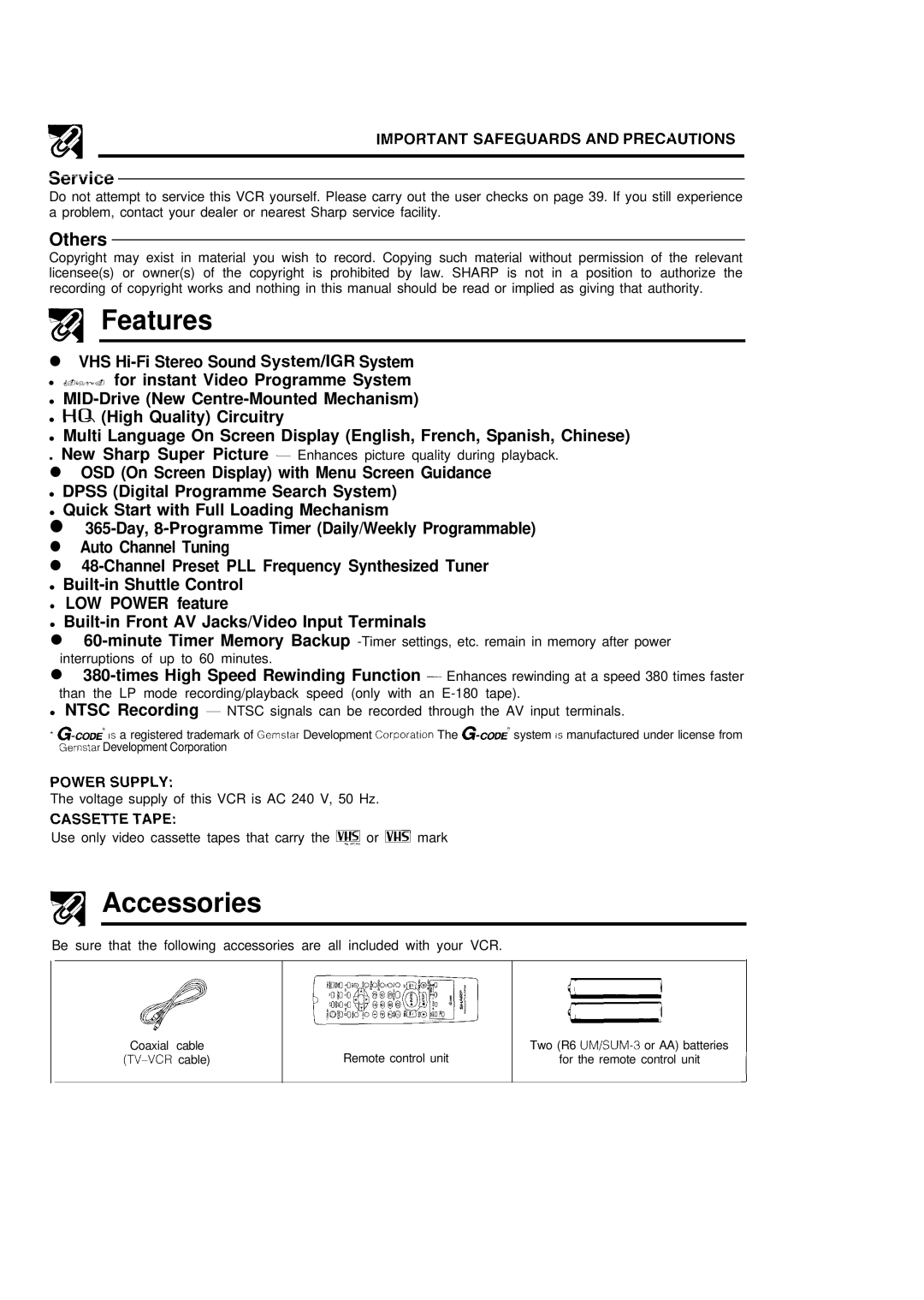 Sharp VC-H680X operation manual Features, Accessories, Others 