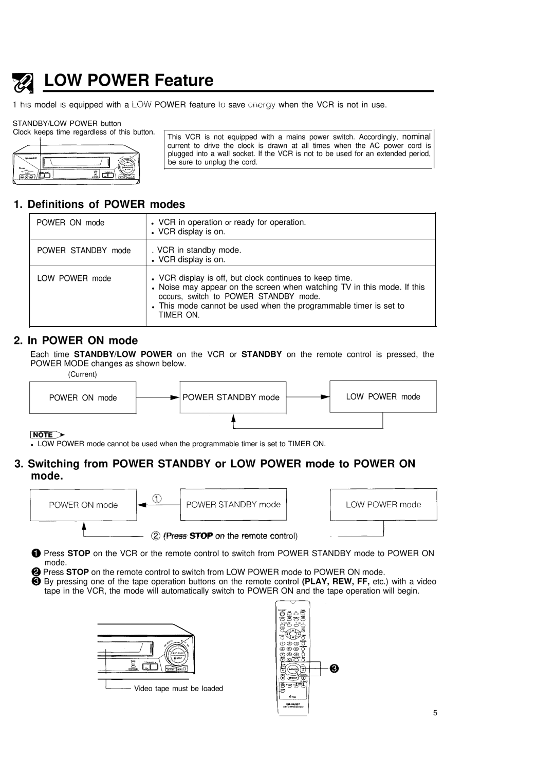 Sharp VC-H680X operation manual LOW Power Feature, Definitions of Power modes, Power on mode 