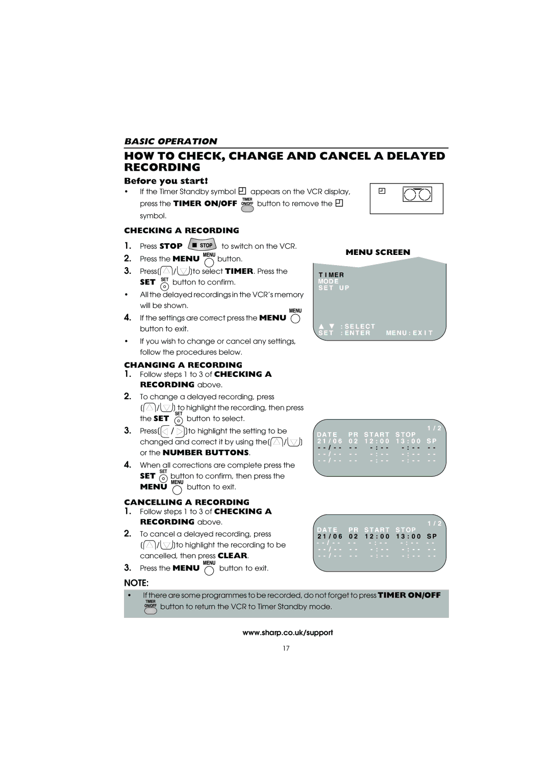 Sharp VC-MH715HM HOW to CHECK, Change and Cancel a Delayed Recording, Checking a Recording, Changing a Recording 