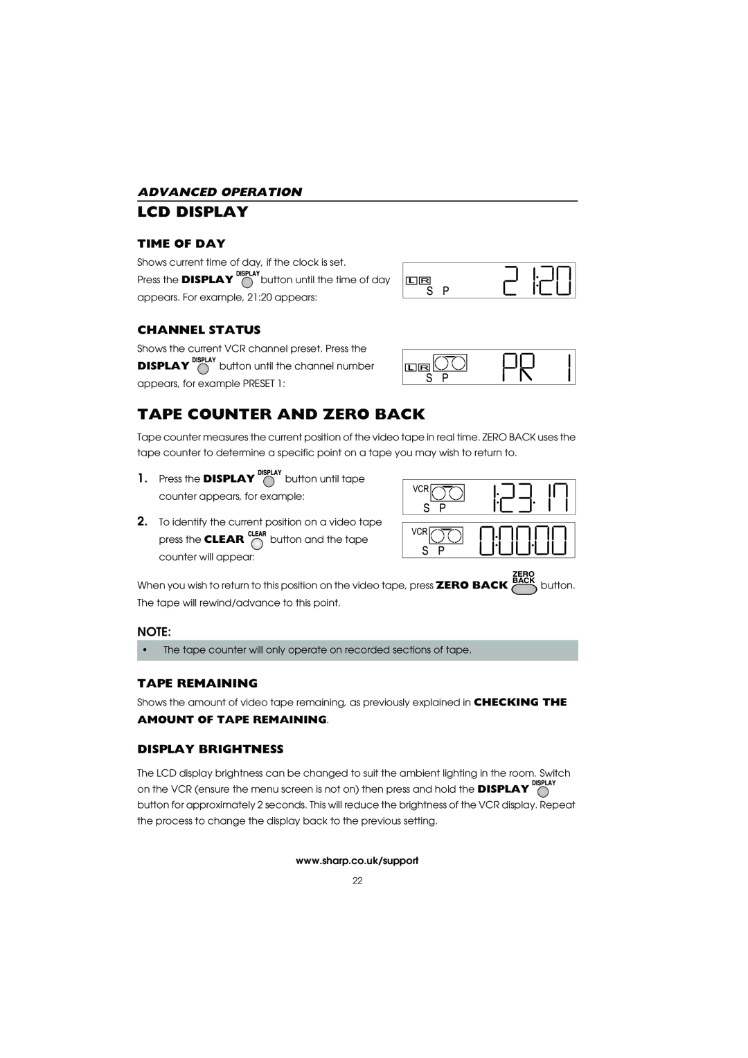 Sharp VC-MH715HM operation manual LCD Display, Tape Counter and Zero Back 