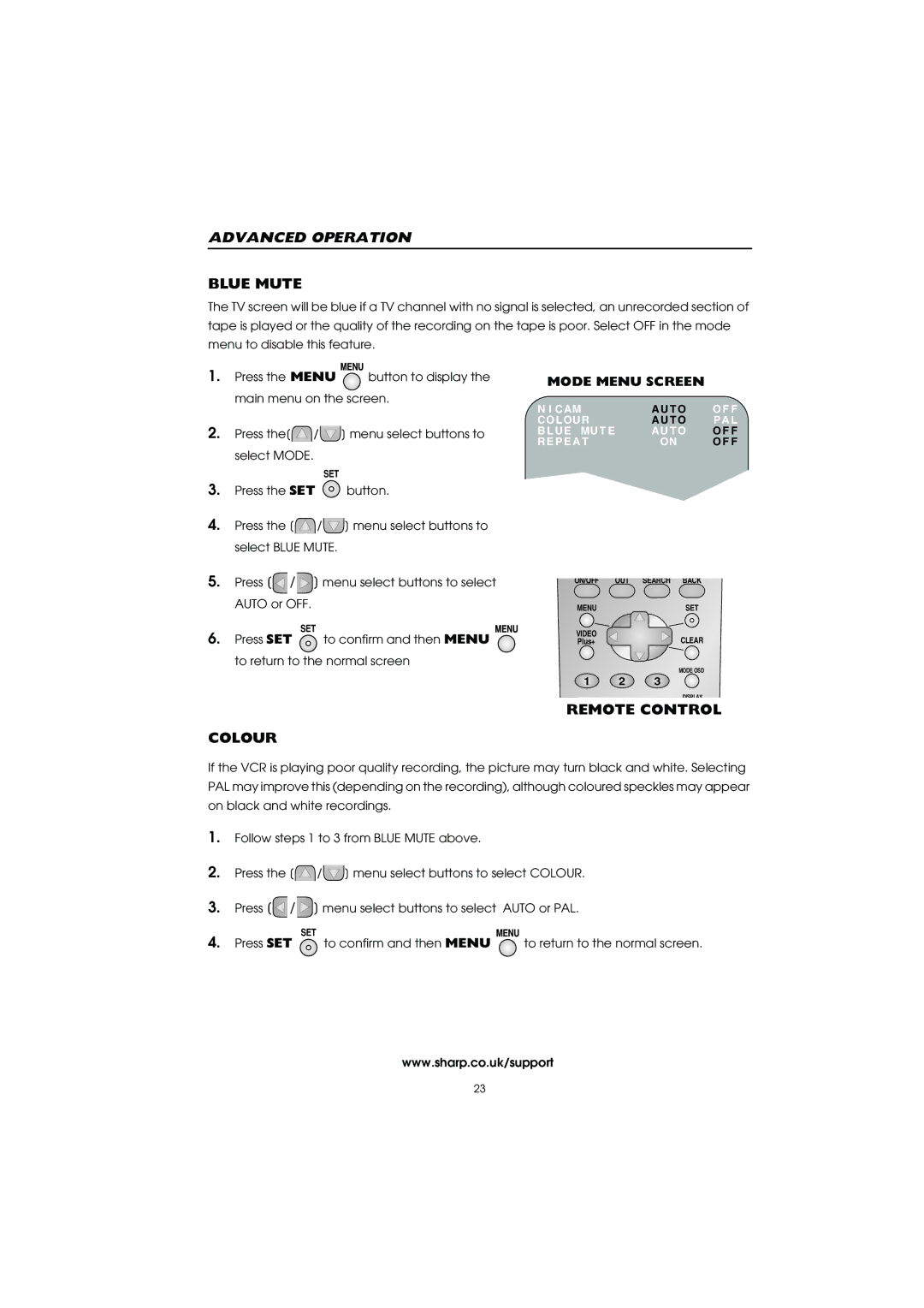 Sharp VC-MH715HM operation manual Blue Mute, Remote Control Colour 