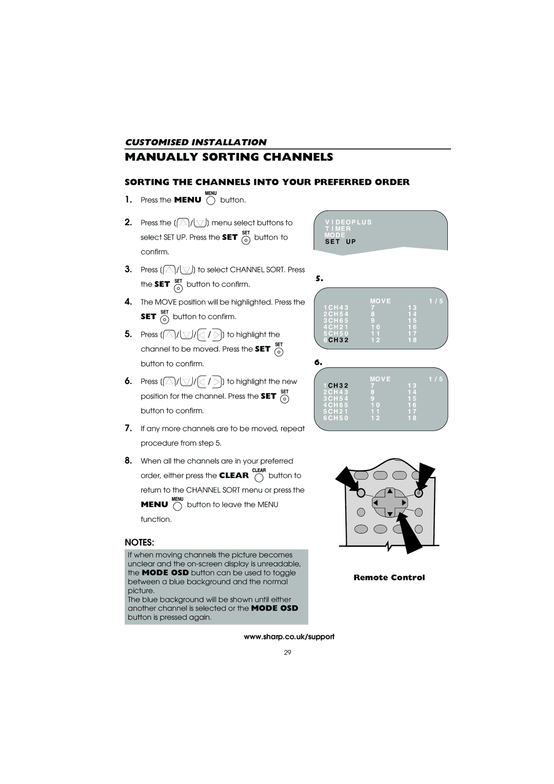 Sharp VC-MH715HM operation manual Manually Sorting Channels, Sorting the Channels Into Your Preferred Order, Remote Control 