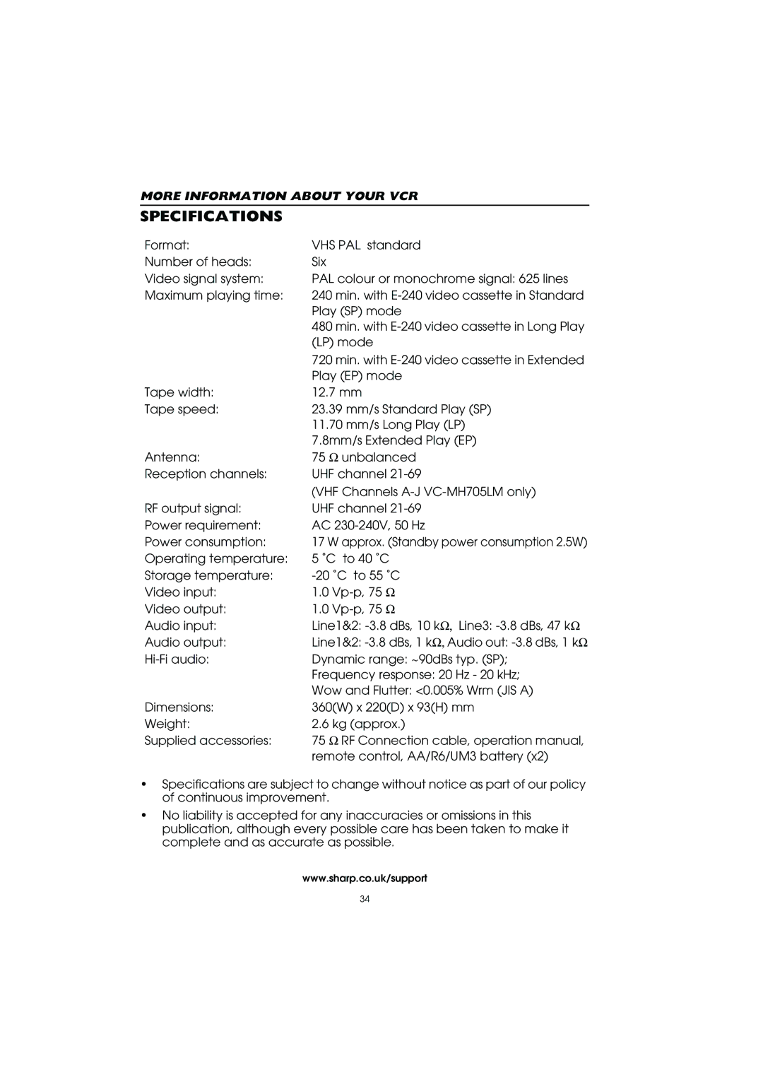 Sharp VC-MH715HM operation manual Specifications 