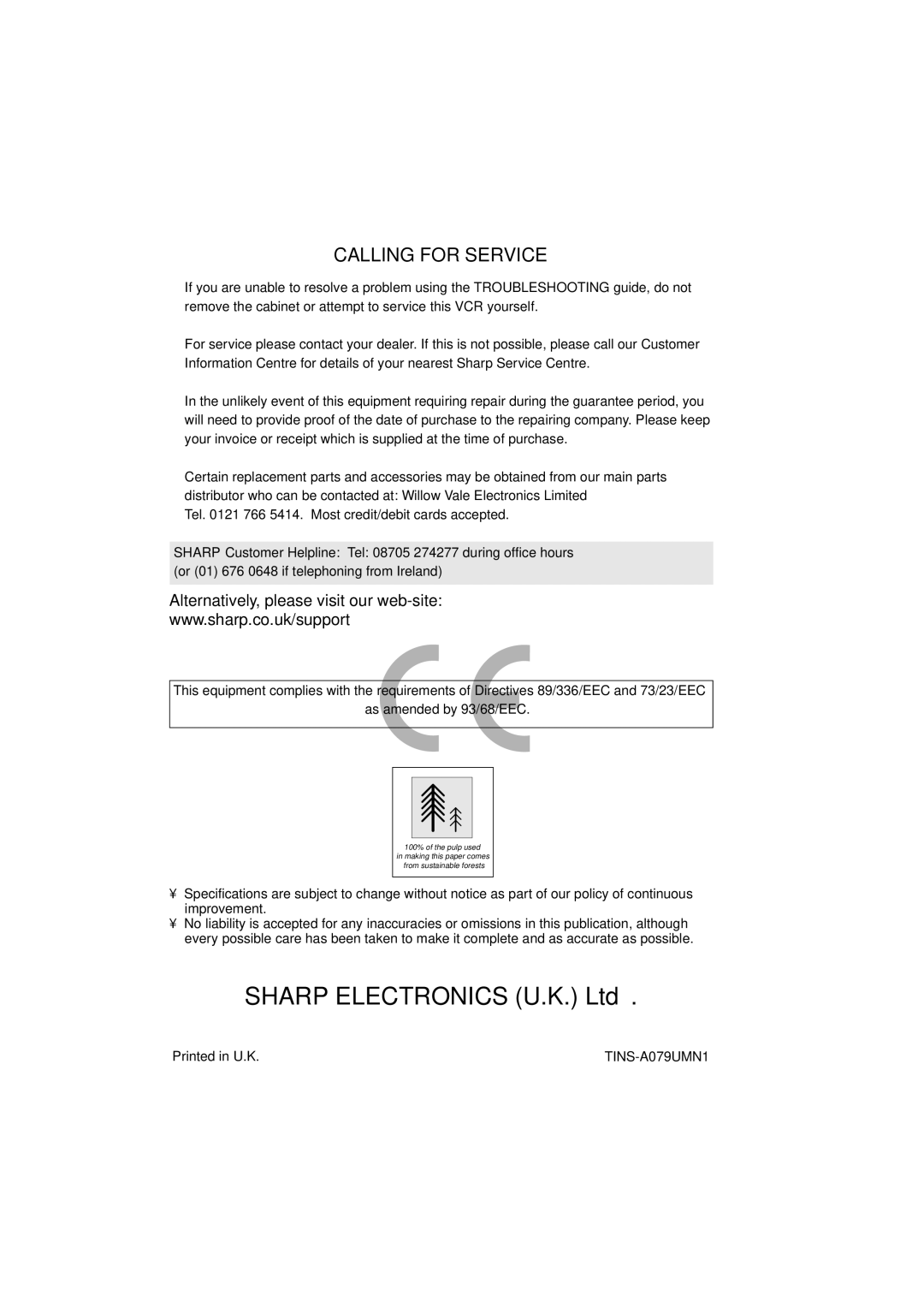 Sharp VC-MH715HM operation manual Calling for Service, Alternatively, please visit our web-site 