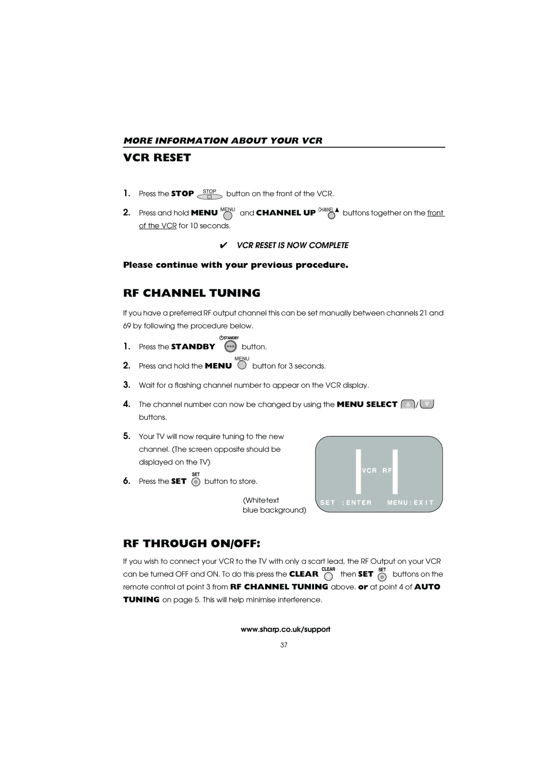 Sharp VC-MH715HM operation manual VCR Reset, RF Channel Tuning, RF Through ON/OFF 