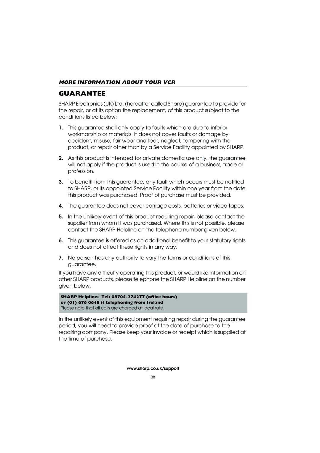 Sharp VC-MH715HM operation manual Guarantee 