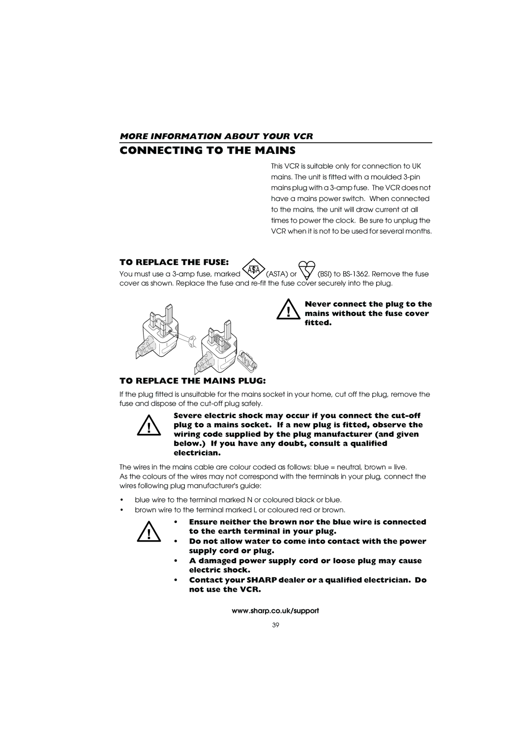 Sharp VC-MH715HM operation manual Connecting to the Mains, To Replace the Fuse, To Replace the Mains Plug 