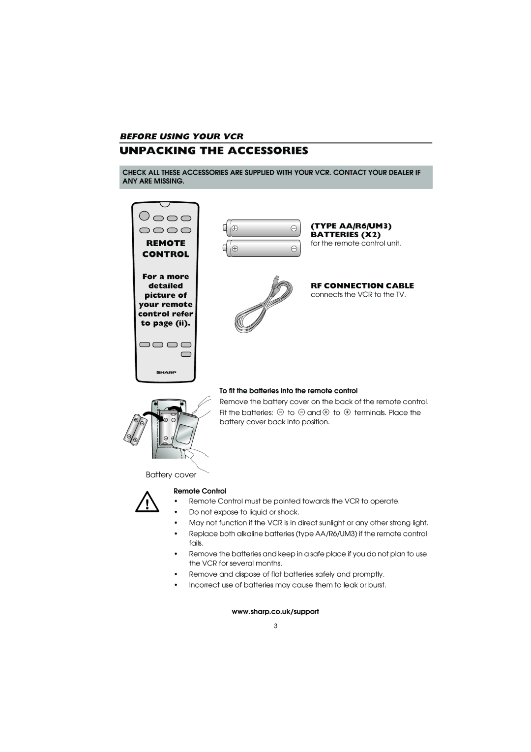 Sharp VC-MH715HM operation manual Unpacking the Accessories, Remote, Control 