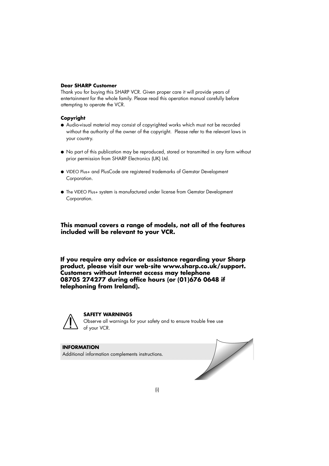 Sharp VC-MH715HM operation manual Dear SHARP Customer, Copyright, Safety Warnings, Information 