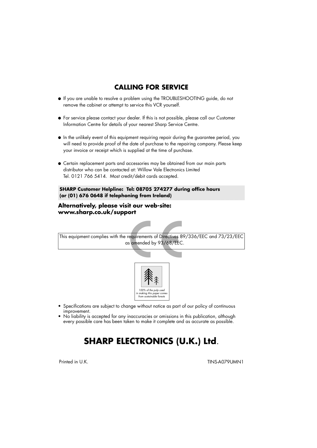 Sharp VC-MH715HM operation manual Calling For Service 