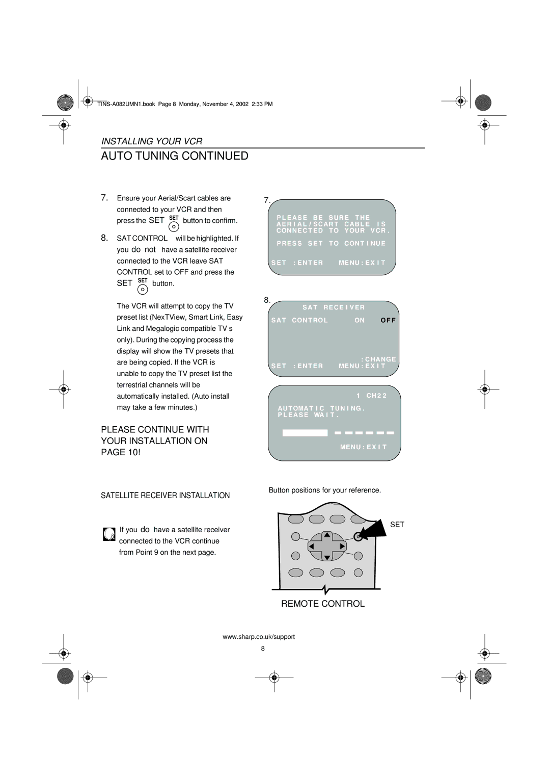 Sharp VC-MH835HM operation manual Please Continue with Your Installation on, Satellite Receiver Installation 