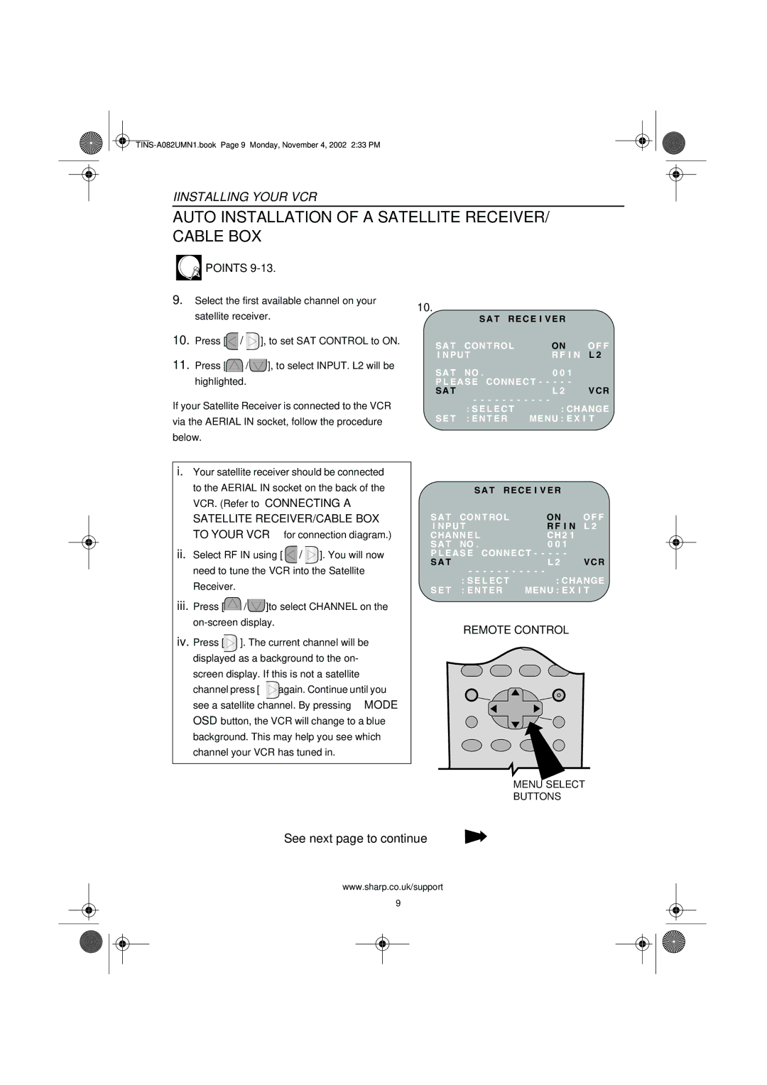 Sharp VC-MH835HM operation manual Auto Installation of a Satellite Receiver Cable BOX, Points, Remote Control 