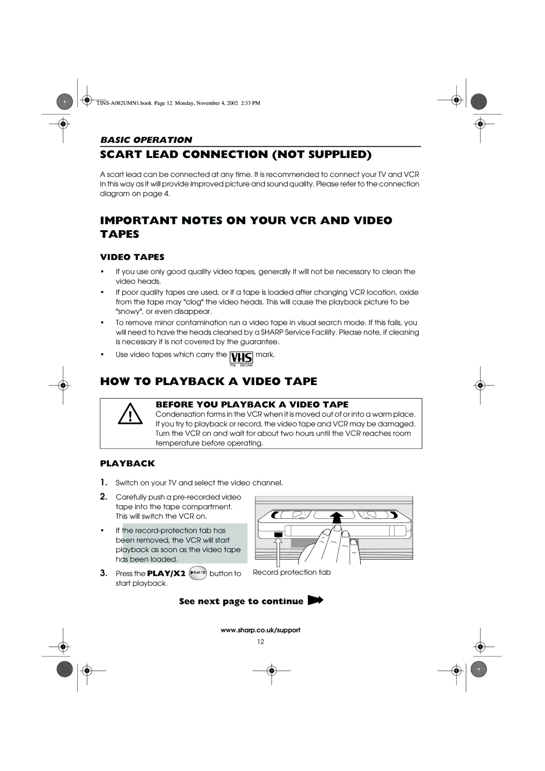 Sharp VC-MH835HM operation manual Scart Lead Connection not Supplied, Important Notes on Your VCR and Video Tapes 