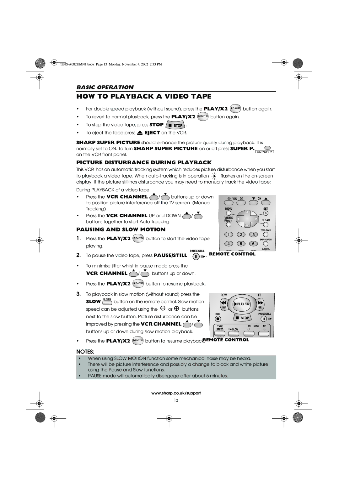 Sharp VC-MH835HM operation manual Picture Disturbance During Playback, Pausing and Slow Motion 