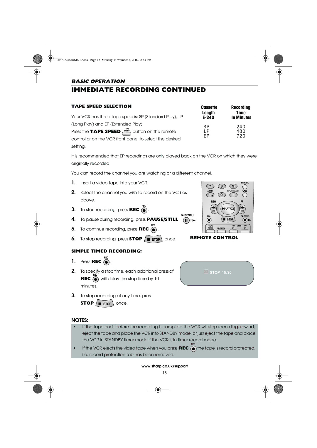 Sharp VC-MH835HM operation manual Tape Speed Selection, Simple Timed Recording 