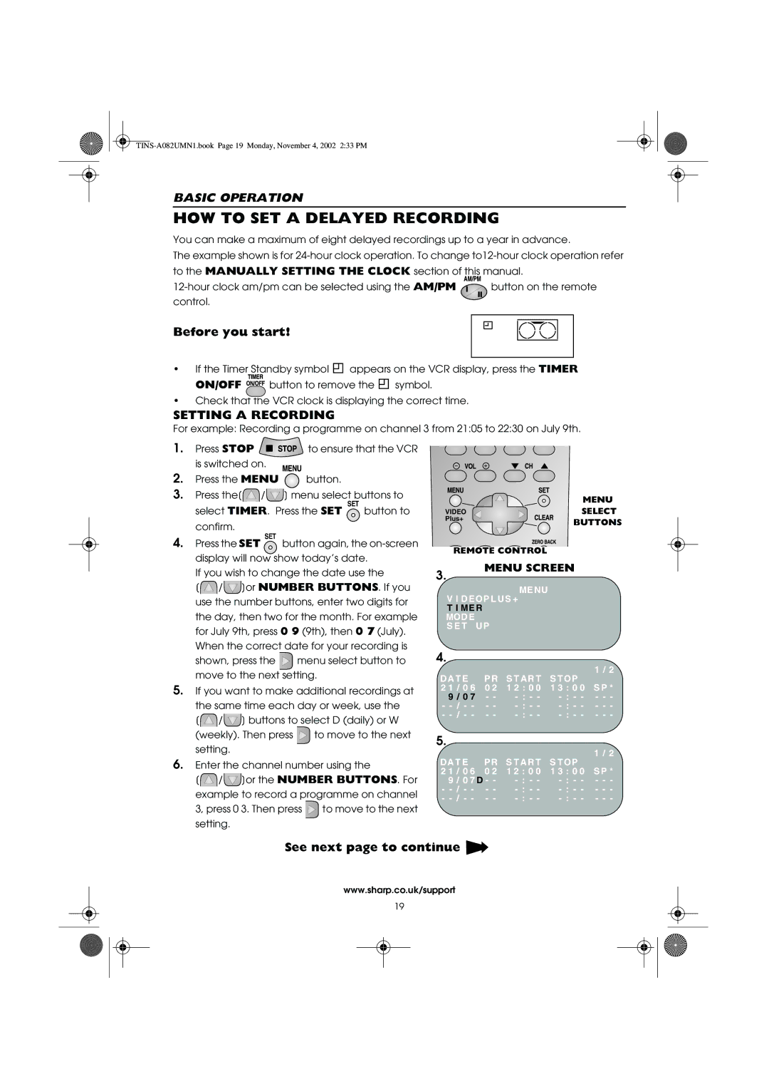 Sharp VC-MH835HM HOW to SET a Delayed Recording, Setting a Recording, Menu Screen, Or the Number BUTTONS. For 