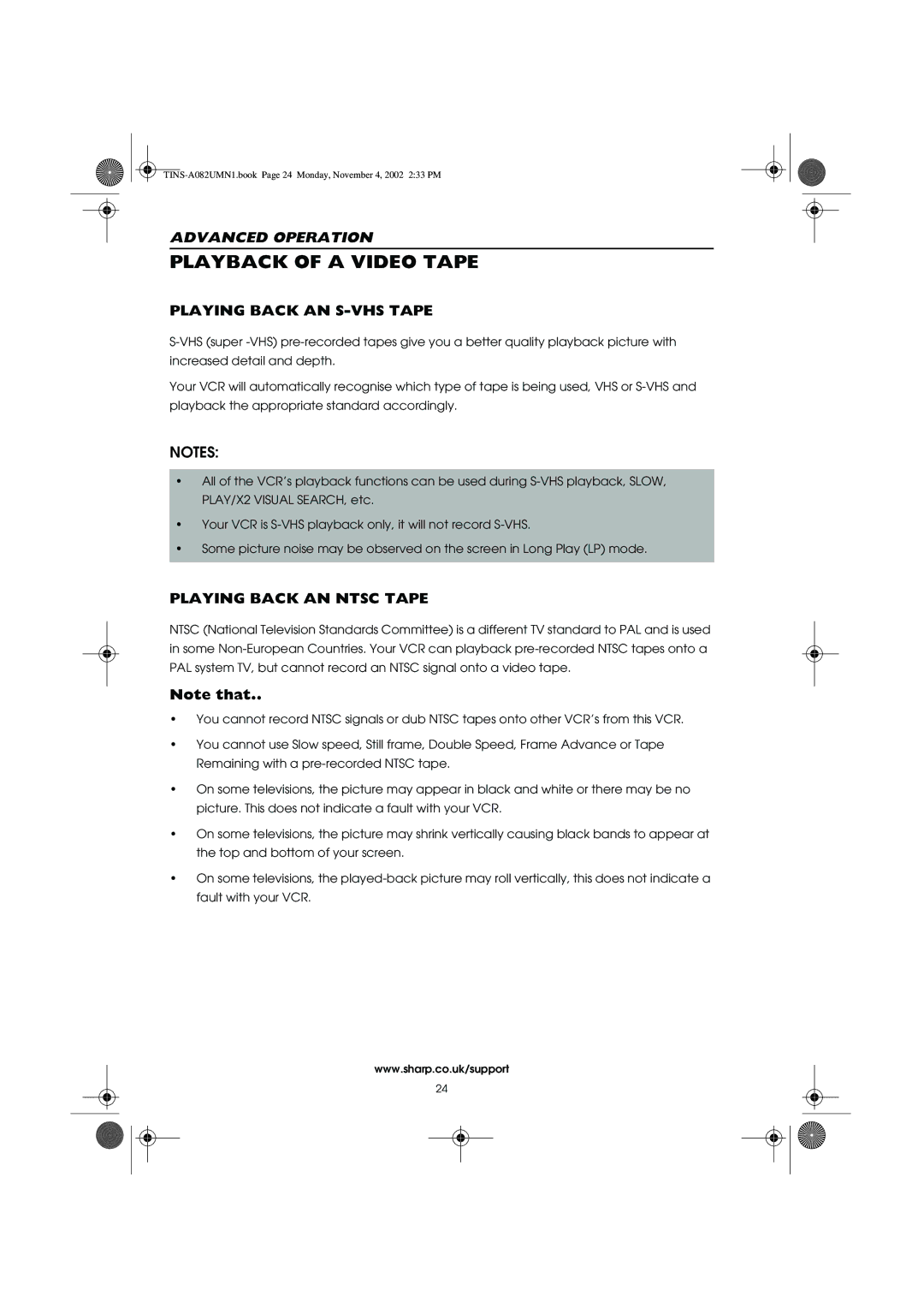 Sharp VC-MH835HM operation manual Playback of a Video Tape, Playing Back AN S-VHS Tape, Playing Back AN Ntsc Tape 