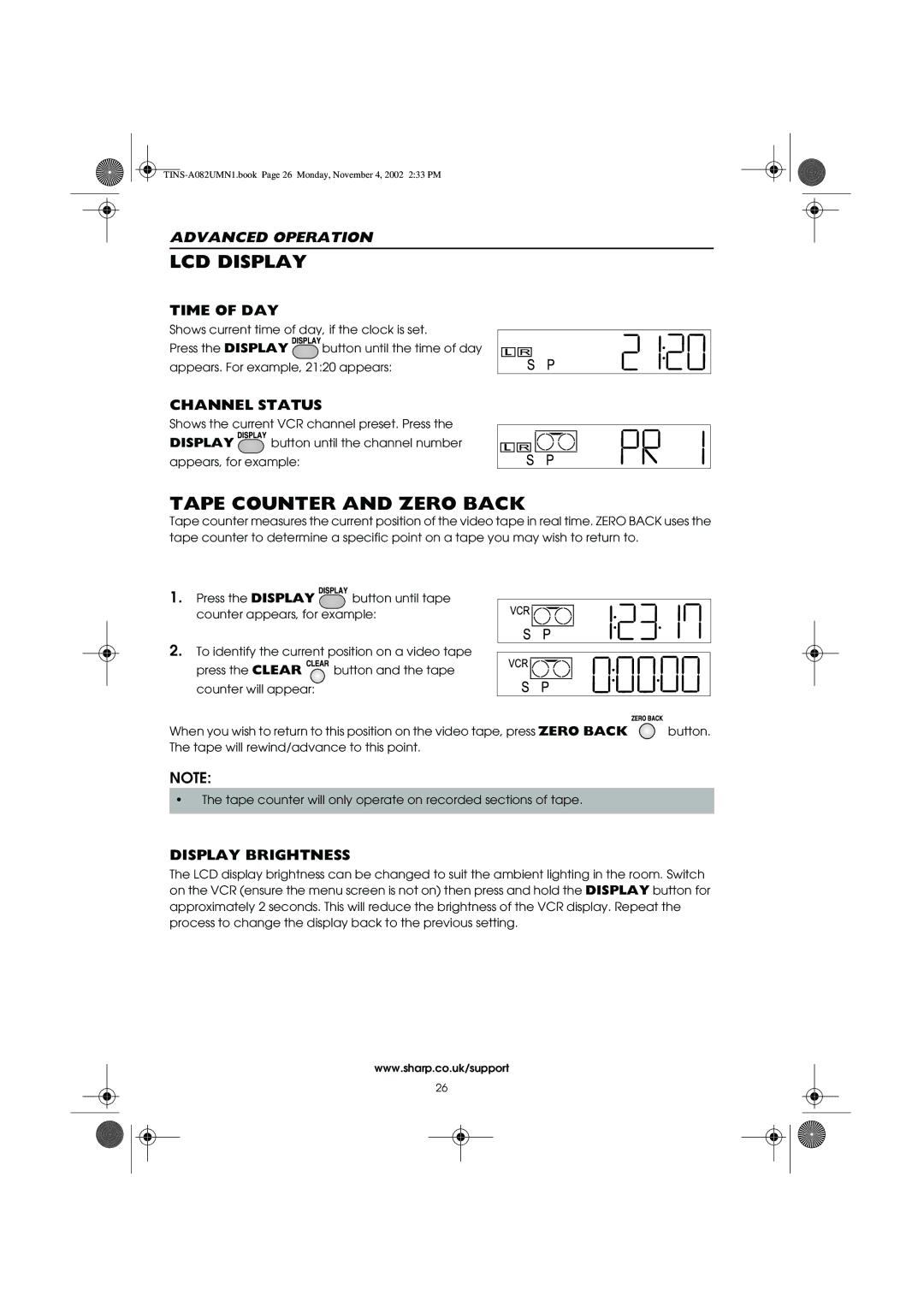 Sharp VC-MH835HM operation manual LCD Display, Tape Counter and Zero Back, Time of DAY, Channel Status, Display Brightness 