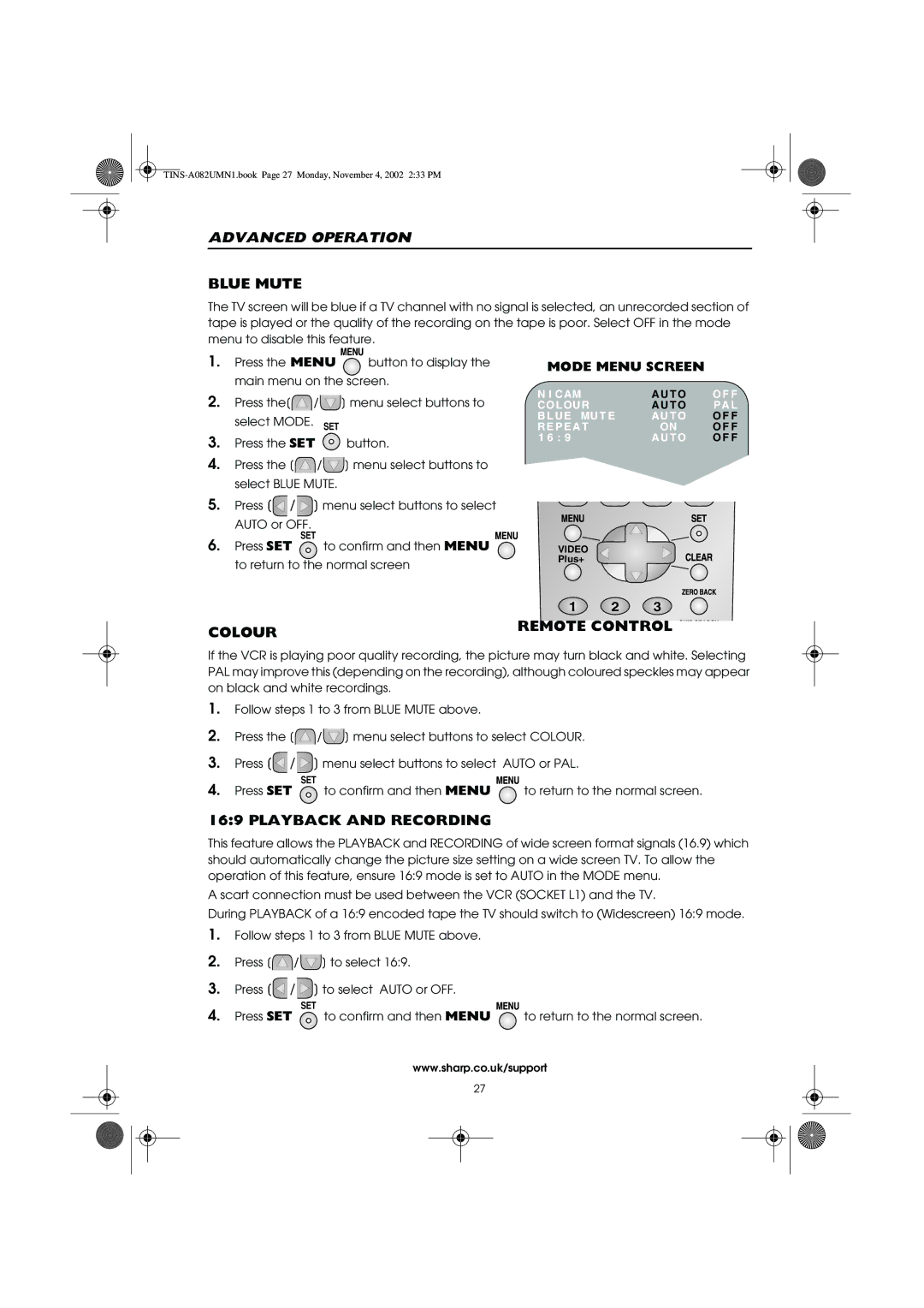 Sharp VC-MH835HM operation manual Blue Mute, Colour, Playback and Recording 