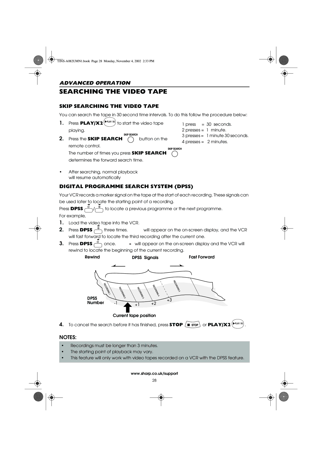 Sharp VC-MH835HM operation manual Skip Searching the Video Tape, Digital Programme Search System Dpss 