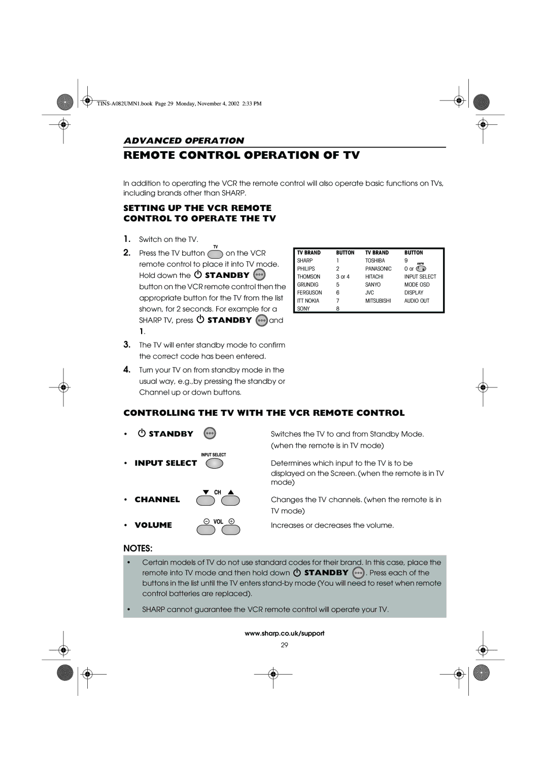 Sharp VC-MH835HM operation manual Remote Control Operation of TV, Setting UP the VCR Remote Control to Operate the TV 